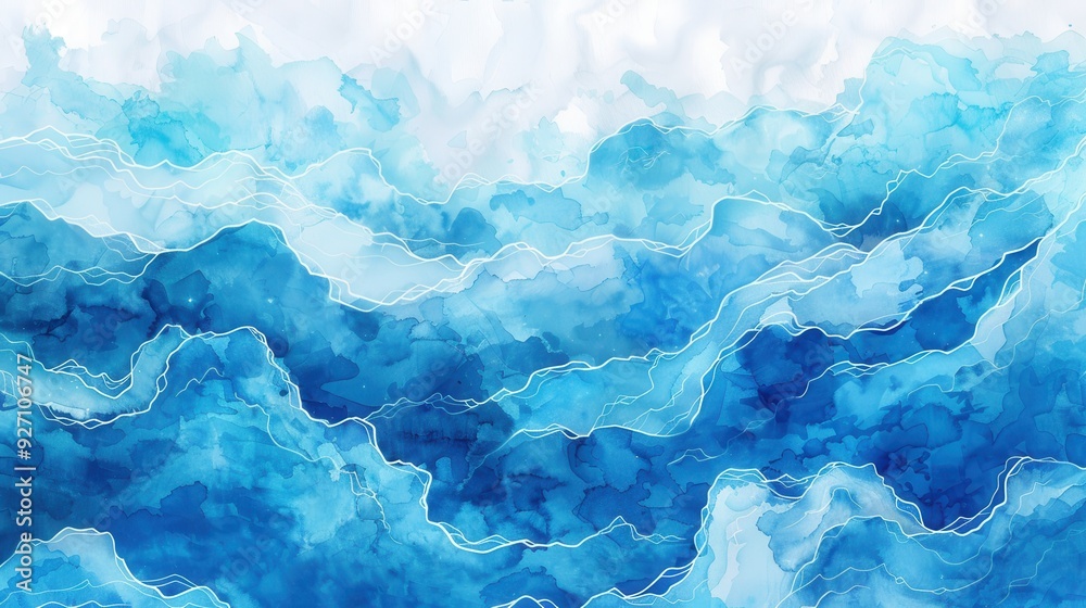 Poster an abstract watercolor painting of blue and white waves. the painting is a series of overlapping, la