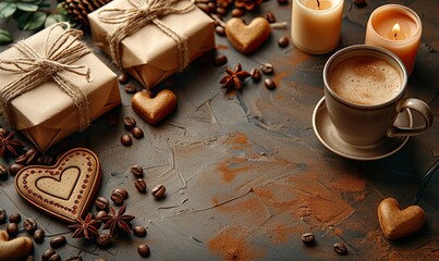 An elegant Valentine's Day greeting card template features a frame of gift boxes, a coffee cup, heart-shaped candles, and decorations on a beige background.