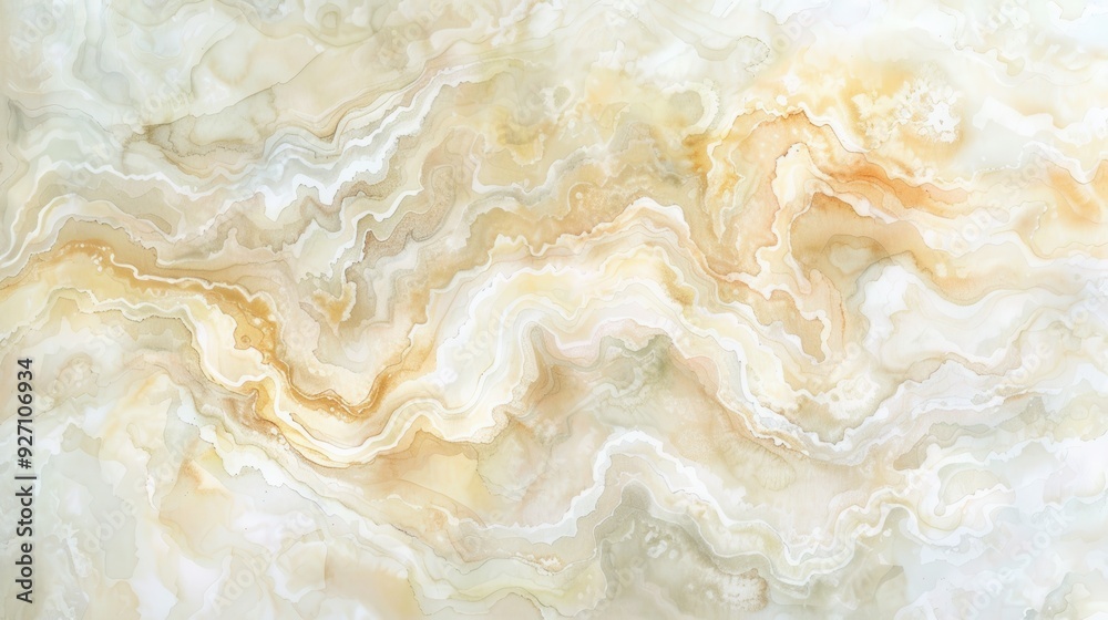 Poster Close up image of a white and gold swirling marble texture. The surface has a soft, smooth look with a delicate, flowing pattern. The image is in focus and the colors are rich and vibrant.