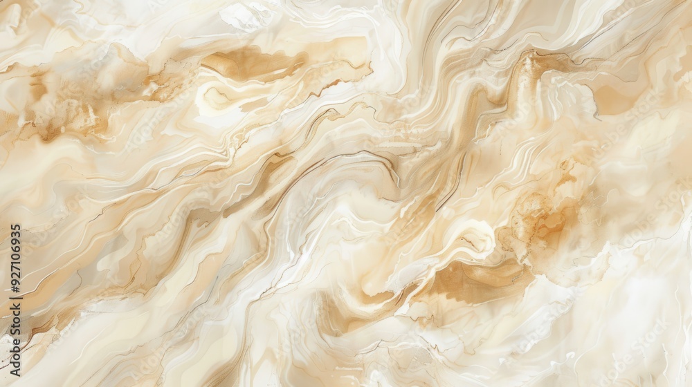 Poster A close-up image of a white and beige marble surface with swirling patterns created by the natural veins in the stone. The image has a soft, abstract feel and would make an excellent background for a 
