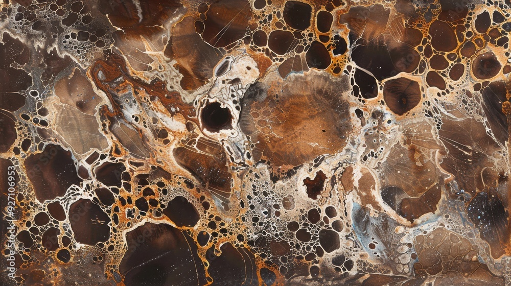 Poster A close-up image of an abstract pattern in brown, white, and black colors. The image features swirling, flowing lines and shapes, with circular bubbles scattered throughout.