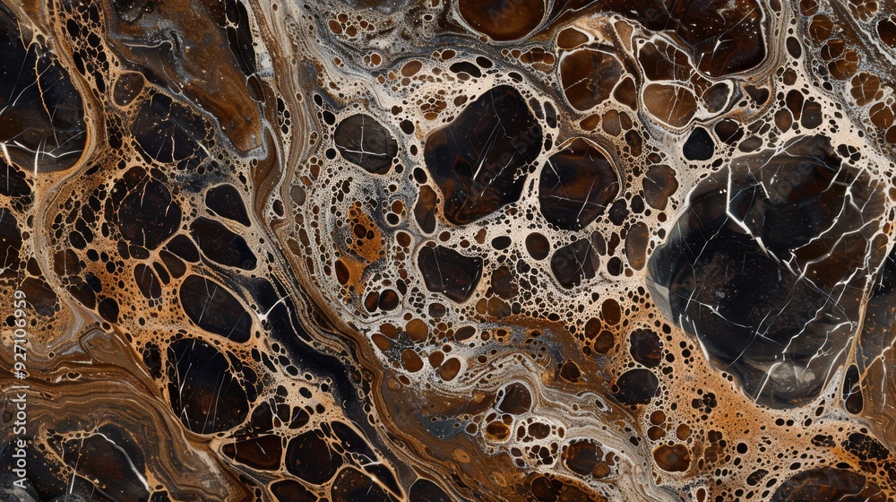 Poster The image depicts an abstract pattern with swirls of black, brown, and white paint. The pattern appears to be organic and resembles natural textures such as marble or stone. There are also numerous sm
