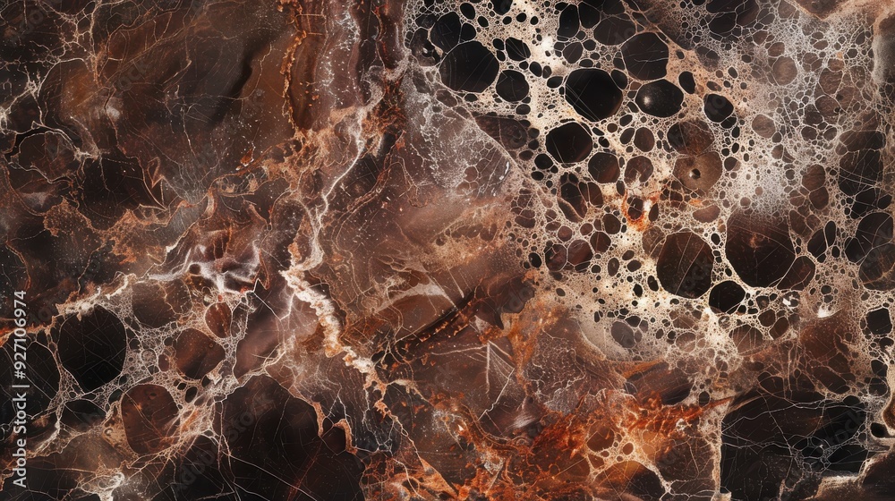 Poster A close-up view of brown marble with white veins and circular patterns. The marble has a rich, deep brown color with lighter brown and white veins that create intricate designs. The circular patterns 
