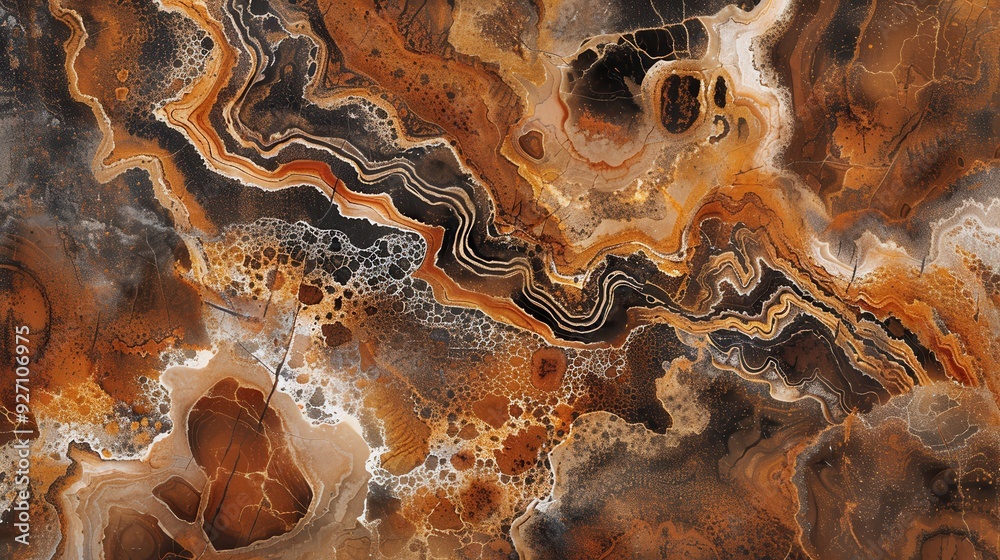 Poster a close-up image of a smooth, polished agate stone with a variety of brown, orange, and black patter