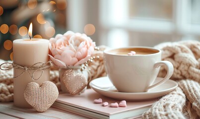 Fototapeta premium An aesthetic desk table features a photo album, gift box, heart-shaped candles, and a coffee cup on a beige background for a Valentine's Day theme.