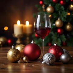 Wine and Christmas ornaments on the table on the awesome background