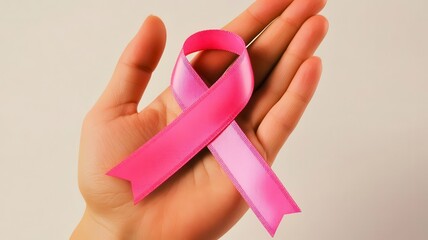 A hand holding a pink ribbon symbolizing cancer awareness and support for those affected by breast cancer.