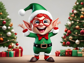 Christmas elf with glasses dancing happy