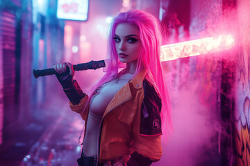 Fototapeta premium Cyberpunk woman with pink hair holding glowing bat in neon alley.