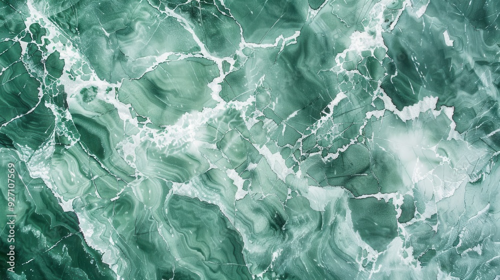 Poster A close-up view of a green marble surface, showcasing the intricate patterns of veins and swirls. The rich green hue and delicate white lines create a dynamic and captivating visual display. The textu