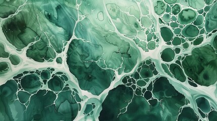 An abstract pattern of swirling green and white ink. The ink forms organic shapes and textures, creating a visually interesting and calming image.
