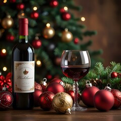 Wine and Christmas ornaments on the table on the awesome background