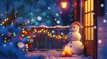 3D cute night Christmas Day with copy space. Christmas wallpaper with snowman