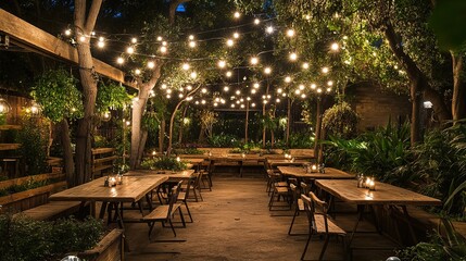 Obraz premium Illuminated by twinkling string lights, this inviting patio dining area features rustic wooden tables surrounded by lush greenery