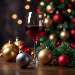 Wine and Christmas ornaments on the table on the awesome background