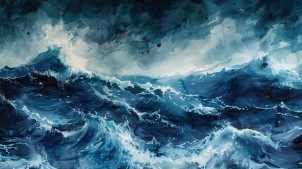 A watercolor painting captures the raw power of the ocean during a stormy day, with crashing waves and a dark, dramatic sky above. The deep blues and whites of the painting create a sense of movement 