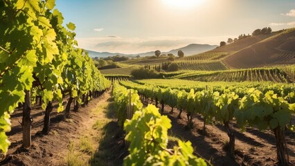 Naklejka premium Lush vineyard with rows of grapevines, warm sunlight and rich gre