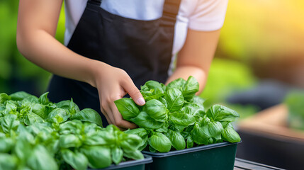 Female farmer carefully selects green basil in a herb garden, reflecting dedication to quality farming. Copy space.