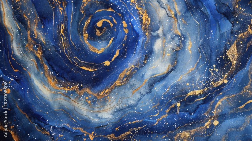 Poster a close-up of a swirling abstract watercolor painting featuring shades of blue and gold. the swirlin
