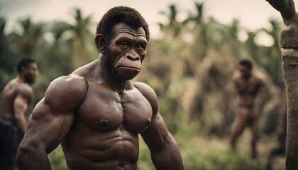Evolutionary Depiction of Homo Erectus in Dense Forest