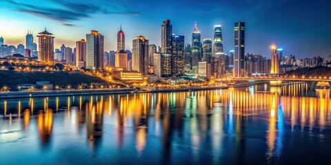 Cityscape of downtown Chongqing at night near water, Chongqing, city lights, skyline, buildings, architecture, urban