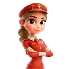 3D cartoon, a Cheerful stewardess. on a solid white background