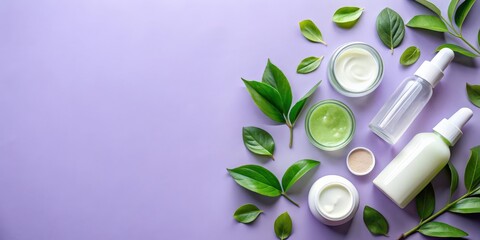 Skin care products with fresh green leaves on light purple background, promoting natural beauty and wellness, skin care