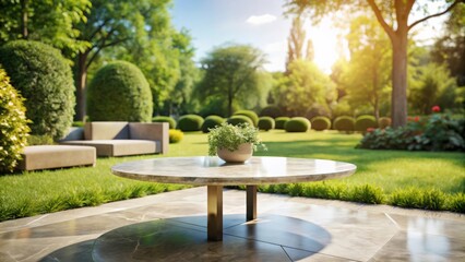 Modern neutral marble coffee table with blurred sunny garden view in the background , marble, coffee table, modern, neutral