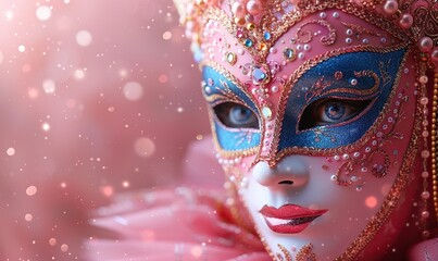 A Mardi Gras party invitation card features a carnival mask with colorful beads on a pink background for the celebration.