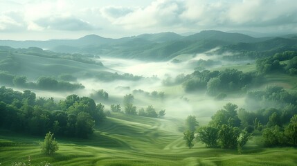 Misty Morning in a Serene Green Landscape with Majestic Mountains and Rolling Hills