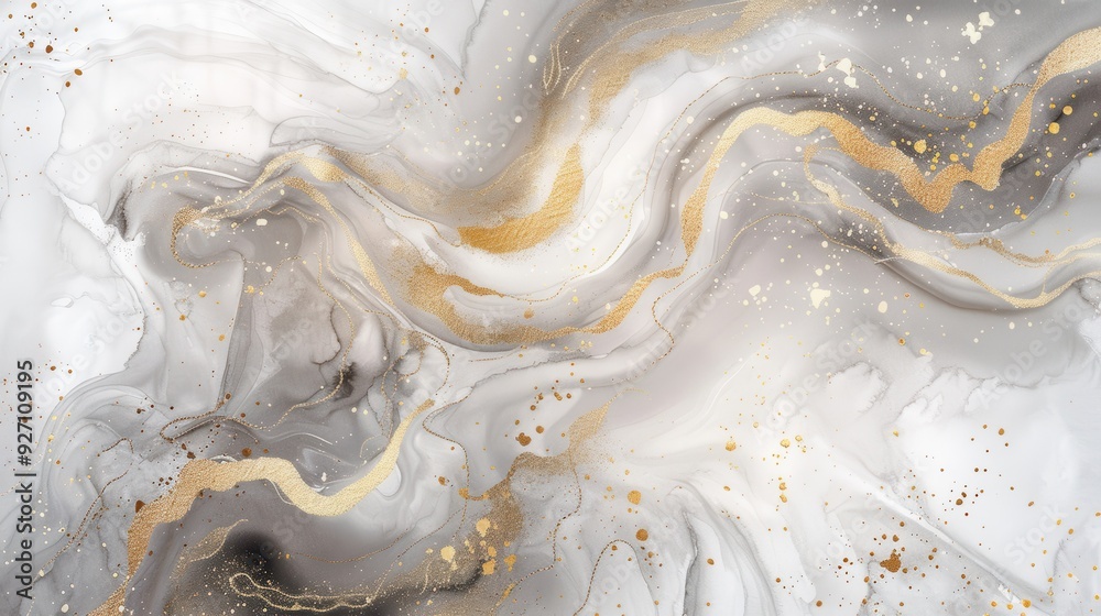Poster a close-up abstract painting with swirled, marbled patterns in white and gray shades, interspersed w
