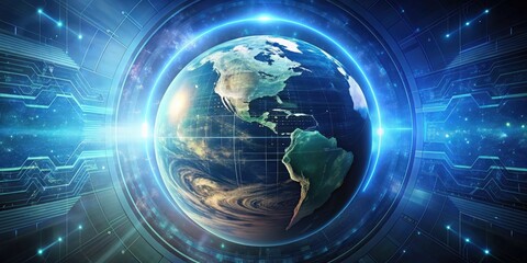 Futuristic rendering of Earth surrounded by advanced technology, futuristic,rendering, Earth, technology, innovation, digital