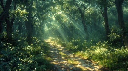 Serene Path Through a Lush and Enchanting Forest with Sunlight Streaming Through