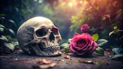 Skull with rose flower in a garden, dark gothic romance background with copy space , Valentine, gothic, romance, background, wallpaper