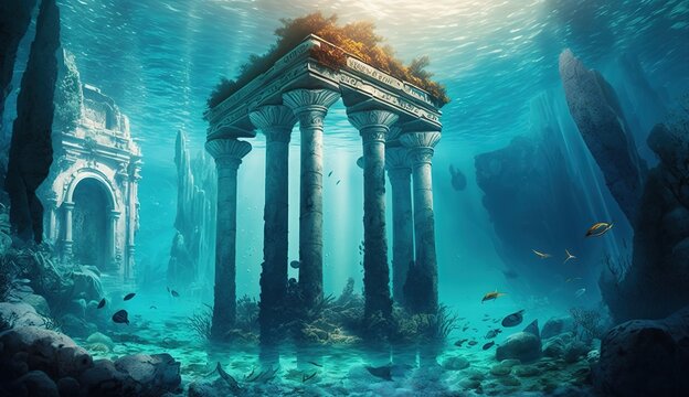 Abstract fantasy landscape, ancient stone temple. Fantasy city on the coast. Atlantis, the lost underwater city