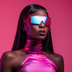 Glamorous Black woman with futuristic sunglasses in vibrant pink tones