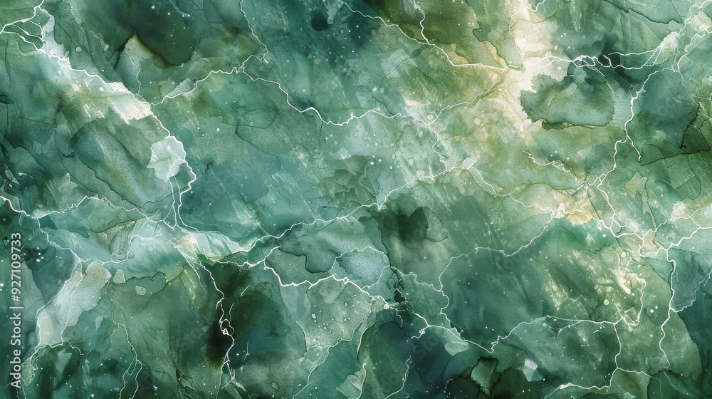 Poster a close-up photograph of an abstract painting with a swirling pattern of green and white ink, creati