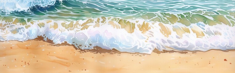 Fototapeta premium A wave with foamy white crests breaks on a sandy beach on a bright sunny day. The wave is breaking gently, revealing a clear, turquoise blue water underneath.