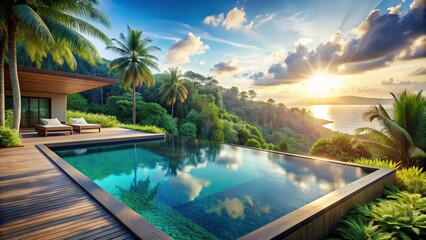 Fototapeta premium Private luxury infinity pool with tropical nature view background, luxury, infinity pool, private, tropical, nature