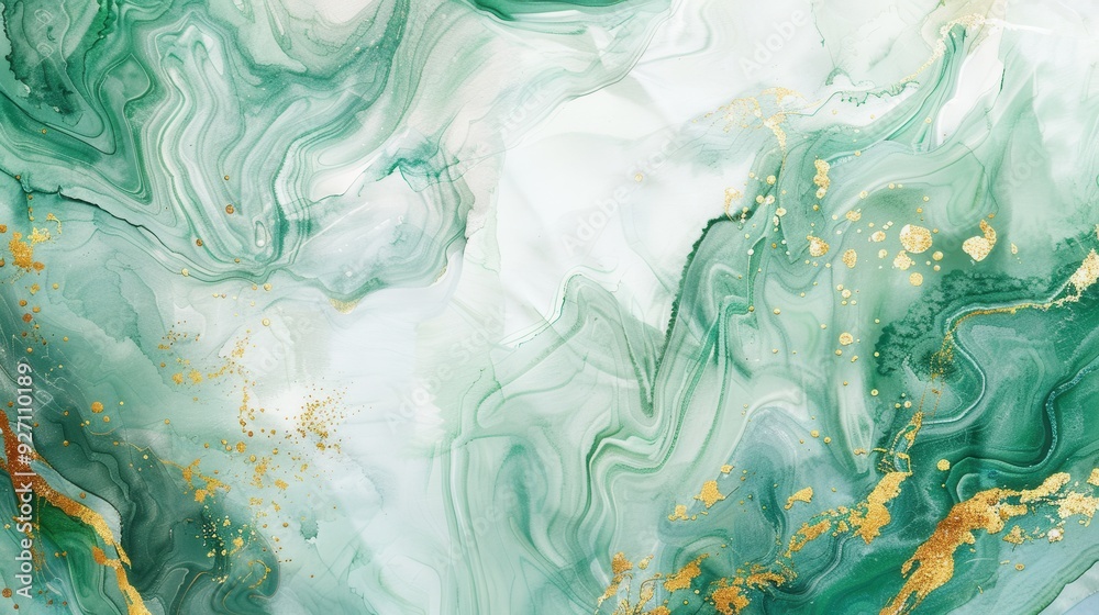Poster A close-up of an abstract marble texture with swirling green and gold patterns. The green swirls are reminiscent of flowing water, while the gold flecks add a touch of luxury. The background is white,