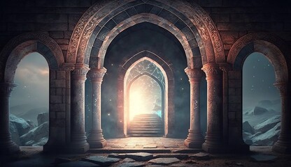 Old palace stone corridor, portal, passage to another world