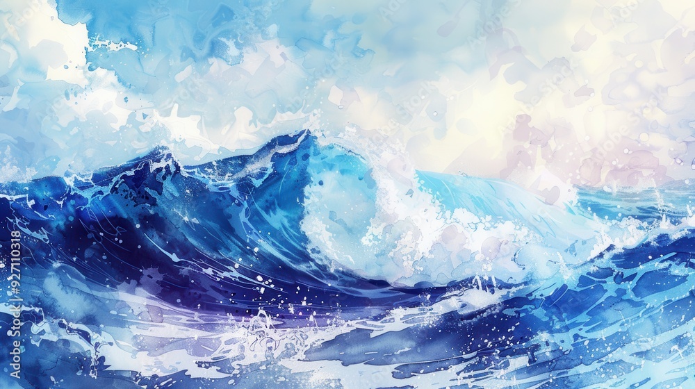 Poster a watercolor painting depicting a large ocean wave crashing with white foam under a cloudy sky. the 