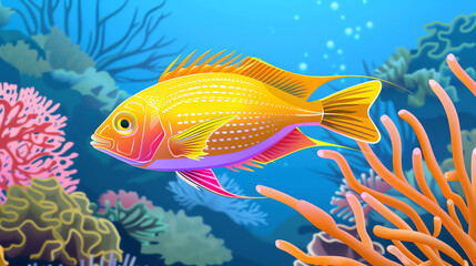 Naklejka premium a bright yellow and orange fish swimming among colorful coral reefs.