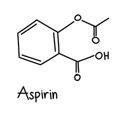 Hand drawn chemical structural formula of aspirin, also known as acetylsalicylic acid, a medical anti inflammatory drug used to reduce pain, fever, and or inflammation. Chemical formula C9H8O4.