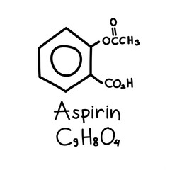 Hand drawn chemical structural formula of aspirin, also known as acetylsalicylic acid, a medical anti inflammatory drug used to reduce pain, fever, and or inflammation. Chemical formula C9H8O4.
