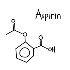 Hand drawn chemical structural formula of aspirin, also known as acetylsalicylic acid, a medical anti inflammatory drug used to reduce pain, fever, and or inflammation. Chemical formula C9H8O4.