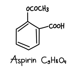 Hand drawn chemical structural formula of aspirin, also known as acetylsalicylic acid, a medical anti inflammatory drug used to reduce pain, fever, and or inflammation. Chemical formula C9H8O4.