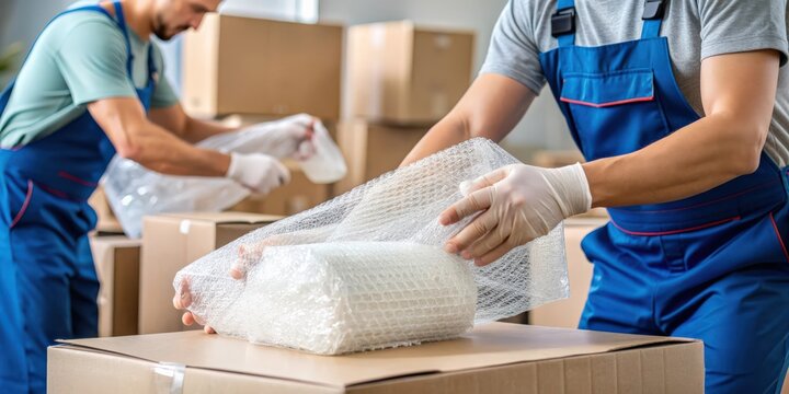 A close-up of movers carefully wrapping fragile items in bubble wrap and packing materials , fragile, delicate