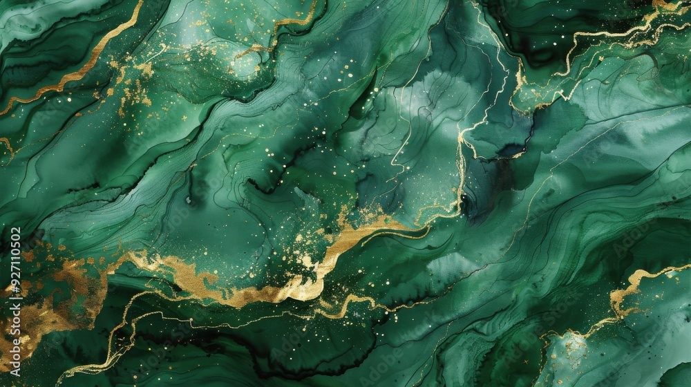 Poster the image features a swirling pattern of green and gold paint. the abstract background resembles mar