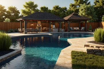 Obraz premium 3D render of a long backyard with pool, fire pit, gazebo and outdoor kitchen